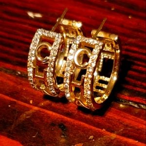 CHANEL Gold tone And Crystal studded hoop earrings